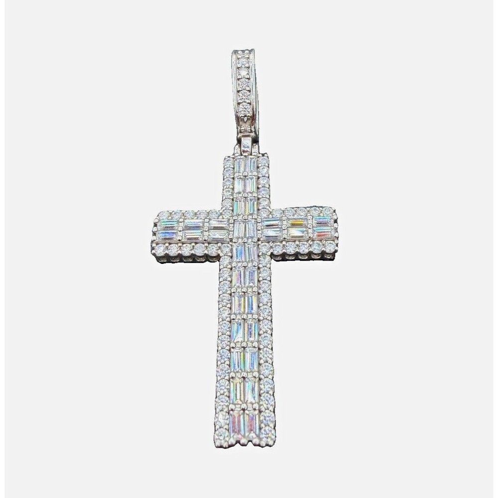 925 Silver Baguette Diamond Cross Pendant, Signed, Religious Theme